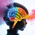 A conceptual image showing a child's head in profile with an illustration of the brain inside, surrounded by vapor clouds and warning signs, highlighting the potential impact of vaping on brain development.