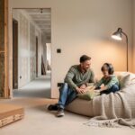 Parent and child with noise-canceling headphones examine a calming sensory nook in a partially renovated living room, with acoustic insulation exposed and cork flooring materials nearby in soft natural light.