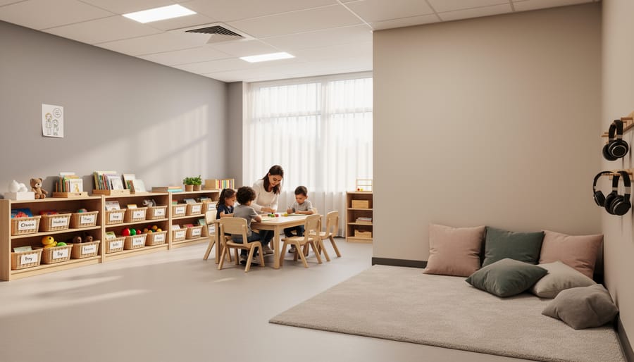 Calm, minimalist room with natural lighting and neutral colors designed for sensory-friendly living