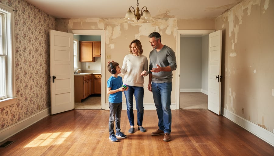 Family viewing empty house interior while planning autism-friendly renovations
