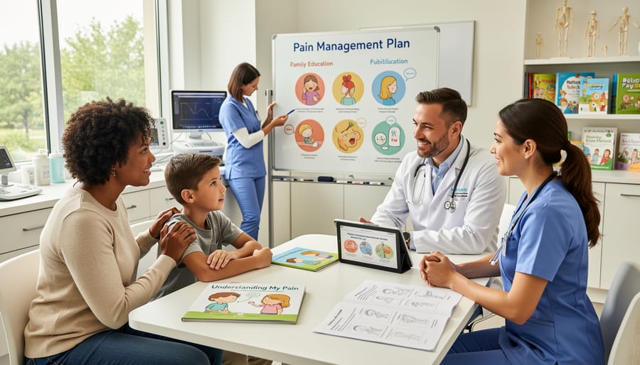 Parent and child meeting with healthcare provider in home consultation setting