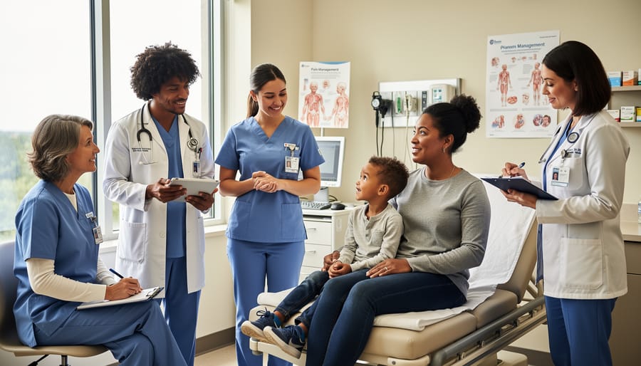 Healthcare professionals collaborating around child patient in medical setting