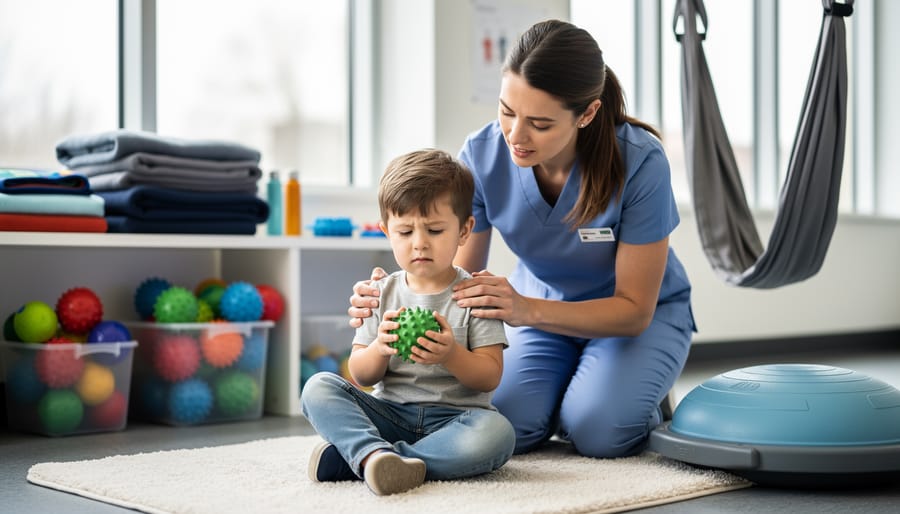 Occupational therapist working with child using sensory therapy materials