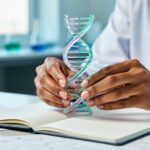 A close-up of hands holding a translucent DNA double-helix model above an open notebook in a softly lit laboratory environment.