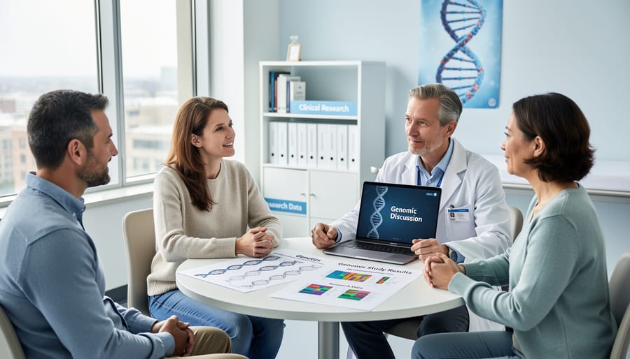 A healthcare setting with a stethoscope and notebook next to a tablet with blurred icons, suggesting a research conversation with families.