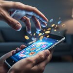 A parent’s hand hovering near a child’s glowing smartphone, with blurred casino-like light reflections suggesting online gambling temptation in a home setting.