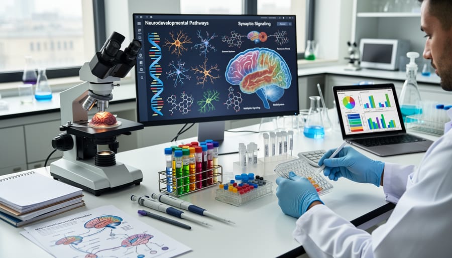 Gloved hands holding a transparent lab sample tube rack with unlabeled vials in a clean laboratory bench scene.