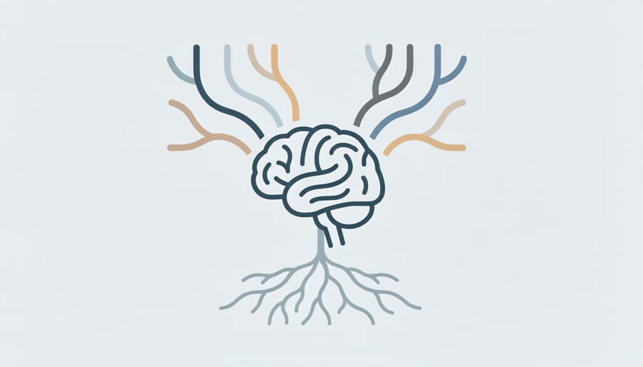 Macro view of dark soil with visible fine roots and branching translucent filament-like strands as a metaphor for neural connectivity.