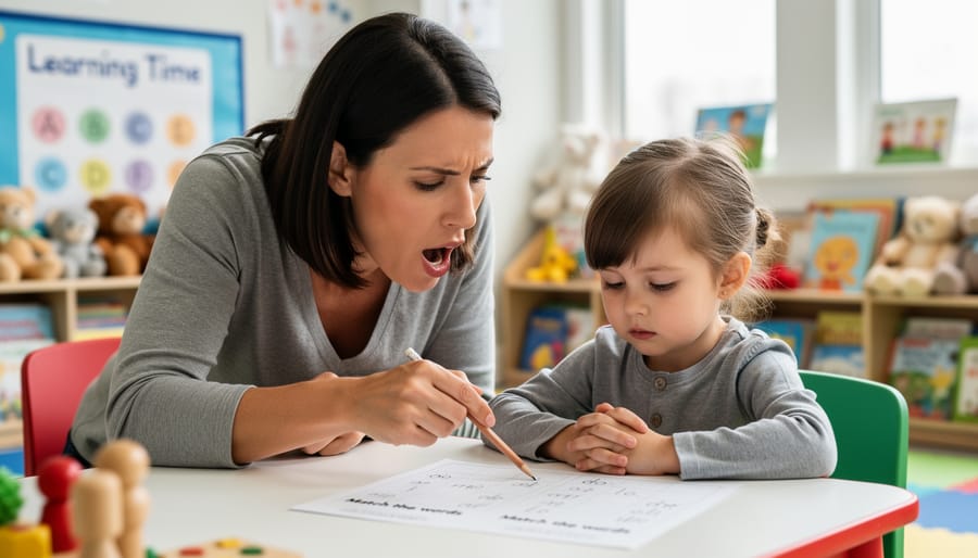Adult standing over a play area while a child sits quietly focusing on blocks