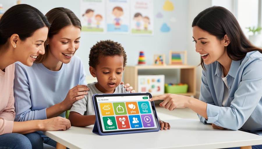Child using a speech-generating AAC device during a therapy session while a parent and therapist watch supportively.