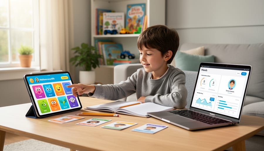 Child using a tablet in a home learning corner with therapy-friendly materials nearby.