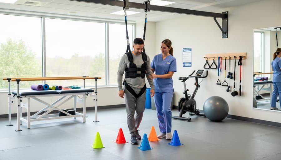 Child using motion-support equipment in a pediatric physical therapy gym to practice balance and movement.