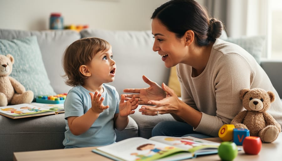 Parent and toddler sitting face-to-face during a playful, back-and-forth moment at home