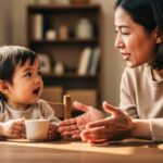 Parent and young child sharing a warm, attentive conversation at a dining table, with the parent responding to the child’s speech and gestures.