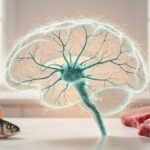 Conceptual photographic-style scene showing translucent neural connections emerging from a soft brain-like form, with softly blurred food ingredients in the background to represent choline sources.