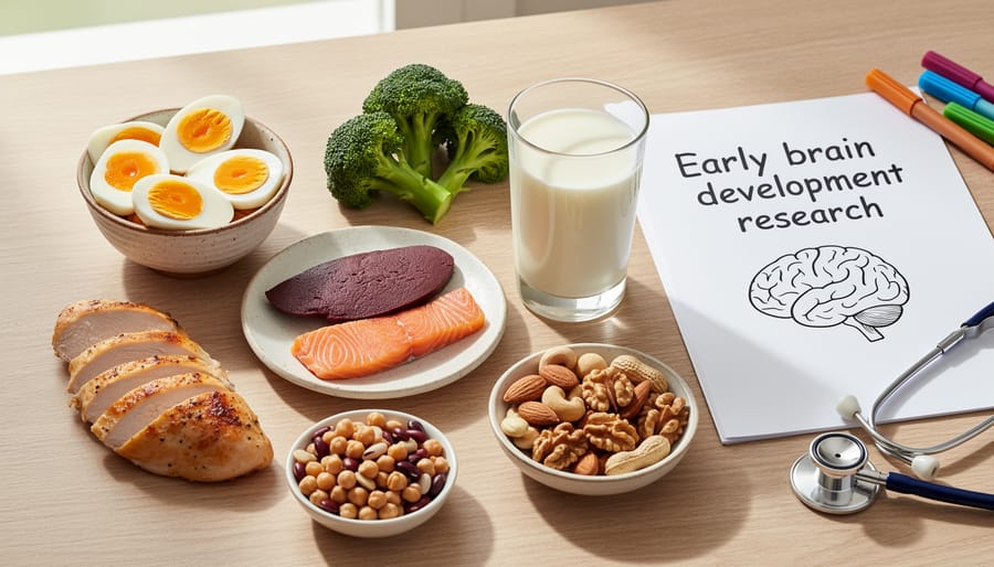 Close-up of wheat germ, soybeans, and a chicken egg in a wooden spoon on a kitchen surface.