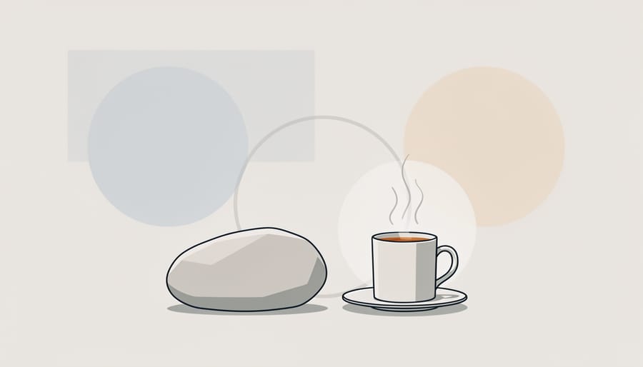 Close-up of hands holding a smooth stone beside a mug of herbal tea with visible steam.