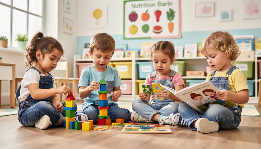 Infant playing with building blocks on a hardwood floor in a well-lit room.