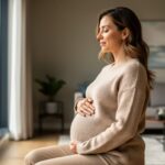 Pregnant woman seated by a window with eyes closed and hands resting on her belly, conveying calm mindfulness during pregnancy.