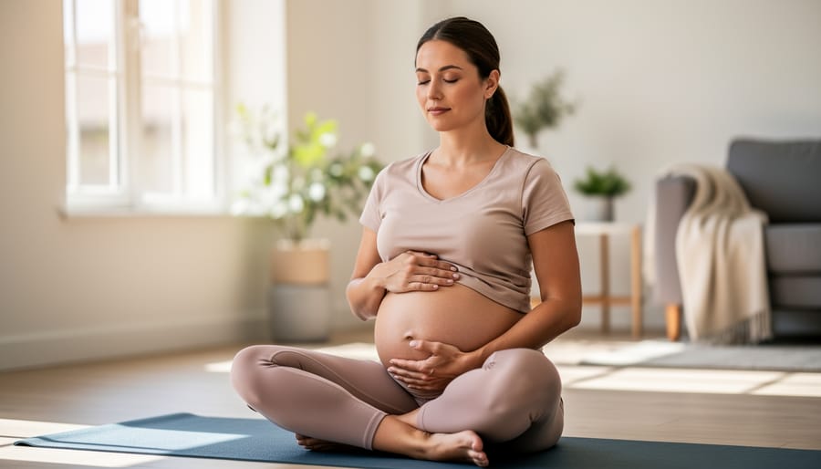 Pregnant person lying on a yoga mat with hands placed on belly and chest for a body-awareness mindfulness practice.