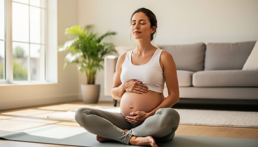 Pregnant person sitting quietly with eyes closed, one hand resting on the belly and the other on the chest in a mindful breathing pose.