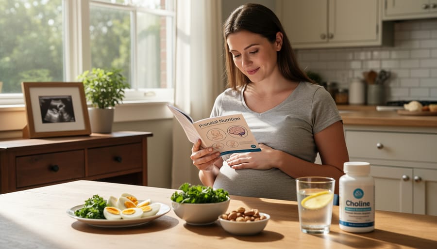 Pregnant person sitting by a window with one hand on their belly, softly lit in a calm indoor setting.