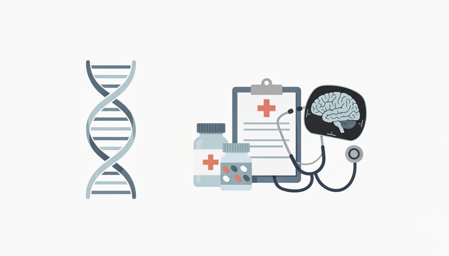 Close-up of a DNA double-helix sculpture on a desk next to a notebook and stethoscope, symbolizing genetics and healthcare.