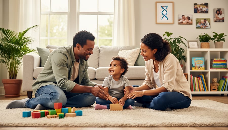 Parent and child at a home table with a small brain-shaped toy, suggesting supportive care after a neurodevelopmental diagnosis.
