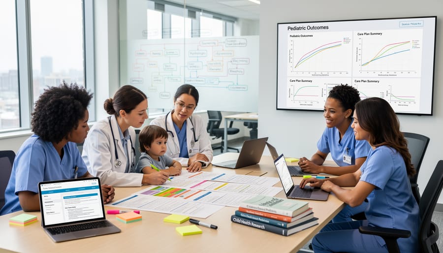 Multidisciplinary team members reviewing care materials together in a clinical research setting with laptop screen blurred.