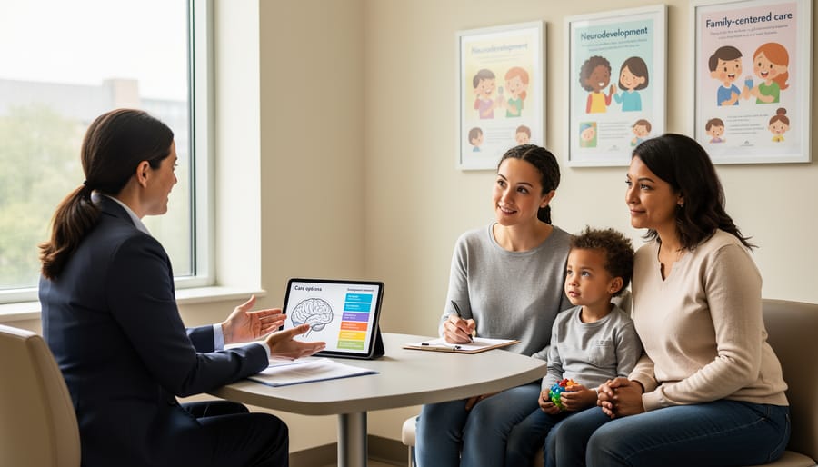 Clinician and parent sitting with a child in a pediatric clinic room with warm, reassuring lighting.