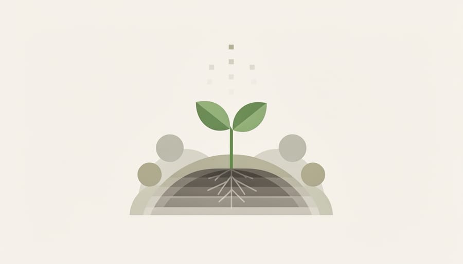 Close-up of a child holding a small seedling emerging from dark soil with warm hopeful lighting.